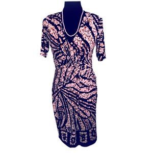 JONES NEW YORK Dress Sheath Mosaic Print‎ Shirred Waist V-Neck Fully Lined Sz 8